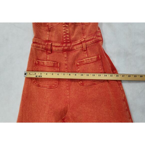 Wisteria Lane Denim Jumpsuit Rust Orange Strapless Wide Leg Smocked Bodice Top - Picture 6 of 12